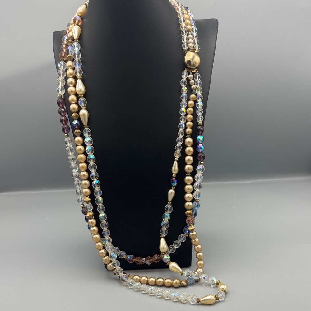 vintage-style, long multi-strand beaded necklace with faceted crystal Ab bead
